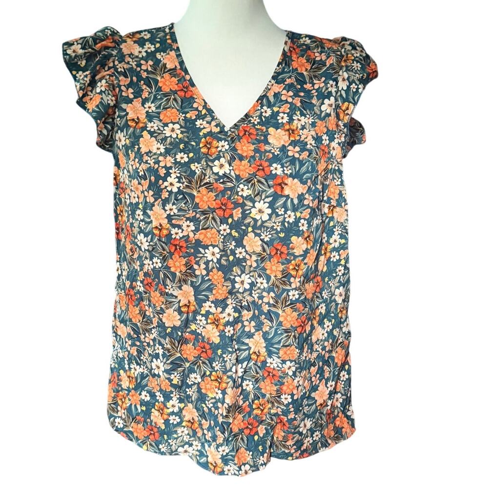 Emery Rose Short Sleeve Top Floral Green Orange White Medium